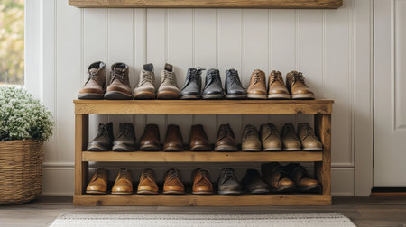 A traditional wooden shoe rack with a classic design, holding a collection of shoes in a cozy, rustic entryway or mudroom. aの素材