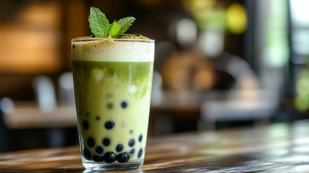 A tall glass of matcha bubble tea with green tea layers and black pearls at the bottom, garnished with a mint leaf, placed on a wooden table.の素材