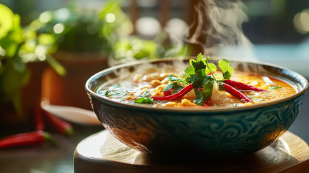 A vibrant bowl of tom yum goong soup with a garnish of Thai herbs and red chili peppers, with steam rising to highlight the soup's hot and spicy natureの素材