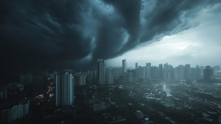 A view from a high-rise building showing the typhoon's impact on the skyline, with dark, swirling clouds and heavy rain, capturing the storm dramatic effect.の素材