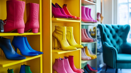 A vibrant shoe rack featuring colorful shoes and boots, organized by color and style, set against a bright and stylish interior.の素材
