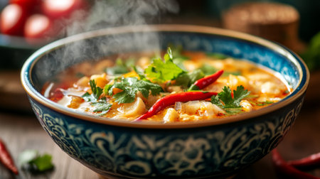 A vibrant bowl of tom yum goong soup with a garnish of Thai herbs and red chili peppers, with steam rising to highlight the soup's hot and spicy natureの素材