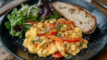 A vibrant plate of scrambled eggs with mixed vegetables, including bell peppers and onions, served alongside a fresh green salad and a slice of crusty breadの素材