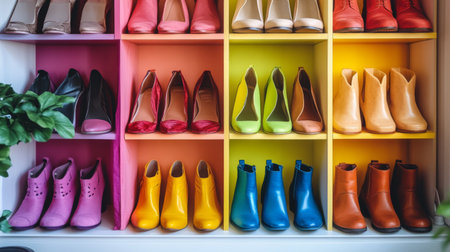 A vibrant shoe rack featuring colorful shoes and boots, organized by color and style, set against a bright and stylish interior.の素材