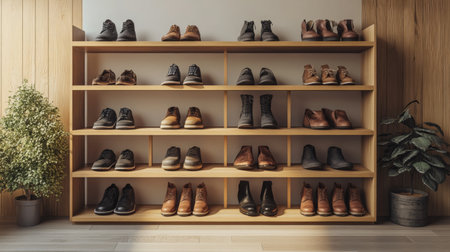 A wooden shoe rack with multiple shelves, featuring a variety of stylish shoes and boots, set against a clean, contemporary backdrop.の素材