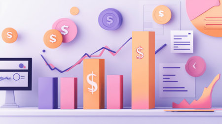 A visual representation of financial growth with bar charts and dollar signs, set against a backdrop of a modern office and financial planning tools, emphasizing economic progress.の素材