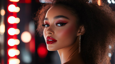 A woman with a chic, modern makeup look, including bold eyeshadow and striking lipstick, captured in a well-lit vanity setting with makeup tools and products.の素材