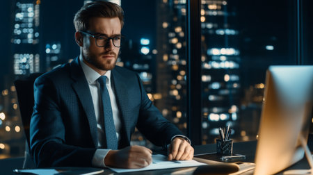 A young businessman engaged in a video conference call, dressed smartly in a suit and tie, with a well-organized desk and a cityscape visible through the window.の素材