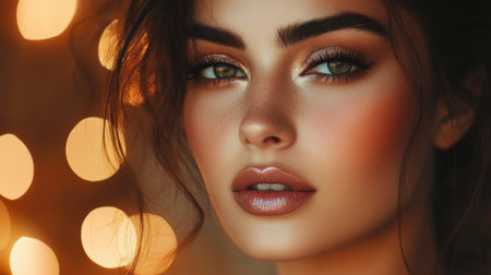 A woman with an elegant evening makeup look, including smoky eyes and a glossy lip, captured in a sophisticated setting with soft, ambient lighting highlighting her style.の素材