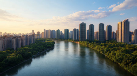 A wide-angle view of elegant high-rise towers standing by a river, framed by lush riverside parks and the flowing river, highlighting the blend of nature and urbanityの素材
