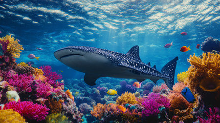 A whale shark gliding past a colorful coral reef, showcasing its impressive size and the diverse marine life coexisting in the same ecosystemの素材