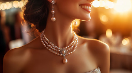 A woman in a luxurious evening gown wearing a stunning set of pearl earrings and necklace, smiling confidently at a glamorous event.の素材