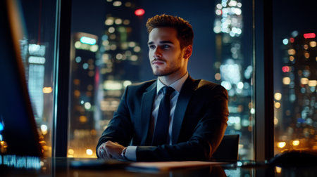 A young businessman engaged in a video conference call, dressed smartly in a suit and tie, with a well-organized desk and a cityscape visible through the window.の素材