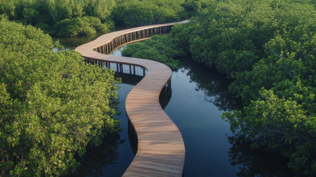 A wooden boardwalk meandering through a mangrove forest, allowing visitors to explore and appreciate the diverse flora and fauna in this unique ecosystem.の素材