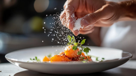 A beautiful plate of food artfully garnished with a sprinkle of cooking salt, highlighting its role not just in flavor, but also in presentation.の素材