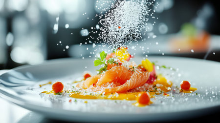 A beautiful plate of food artfully garnished with a sprinkle of cooking salt, highlighting its role not just in flavor, but also in presentation.の素材