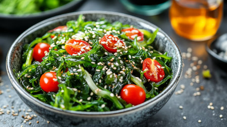 A beautiful bowl of seaweed salad garnished with sesame seeds and cherry tomatoes, served on a rustic table, highlighting healthy dining options.の素材