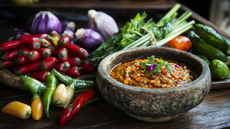 A beautiful arrangement of traditional Thai chili dip alongside seasonal vegetables, with a rustic backdrop that enhances the authenticity of the meal.の素材
