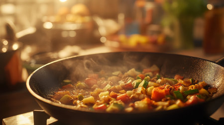 A close-up of a cast-iron skillet with sizzling vegetables and spices, with a blurred background of a busy kitchen, highlighting the joy of cooking.の素材
