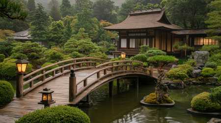 A beautifully arranged Japanese garden with lanterns, bonsai trees, and a wooden bridge, highlighting the integration of nature and architecture in Japanese homes.の素材