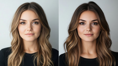 A before-and-after shot of a woman who has transformed her look with makeup, emphasizing the power of cosmetics to enhance natural beauty.の素材