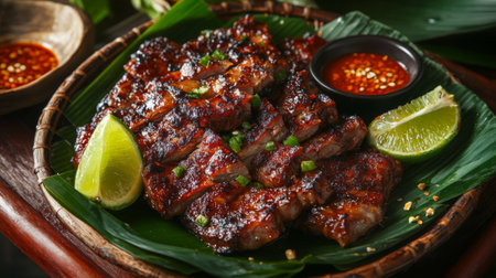 A beautifully arranged plate of glistening with a rich marinade and served with fresh lime wedges and spicy dipping sauce, inviting diners to indulge.の素材