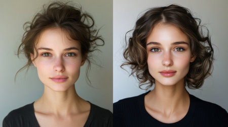 A before-and-after shot of a woman who has transformed her look with makeup, emphasizing the power of cosmetics to enhance natural beauty.の素材