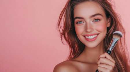 A cheerful woman posing with a makeup brush and palette in hand, exuding confidence and empowerment, celebrating beauty in its various forms.の素材