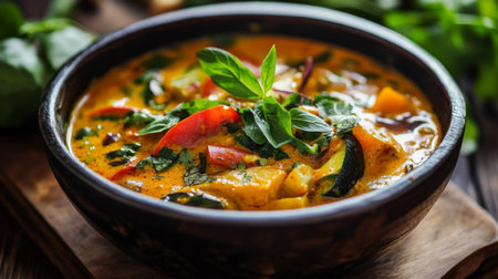 A beautifully styled bowl of spicy curry with vibrant vegetables and herbs, highlighting the rich colors and textures that come from using fresh ingredientsの素材