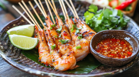 A beautifully arranged plate of glistening with a rich marinade and served with fresh lime wedges and spicy dipping sauce, inviting diners to indulge.の素材