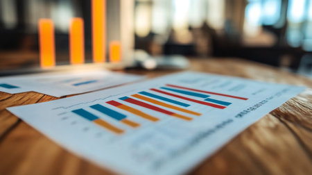 A bar chart showing stock market performance, surrounded by documents and reports on a wooden table, representing financial planning and investment strategies.の素材