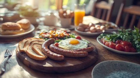 A breakfast spread featuring sausages, fried eggs, toast, and fresh vegetables on a cozy dining table with natural morning light streaming through the window.の素材
