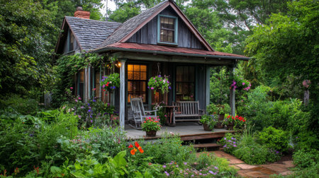 A charming garden house surrounded by lush greenery and colorful flowers, featuring a cozy porch with rustic furniture, inviting relaxation in natureの素材