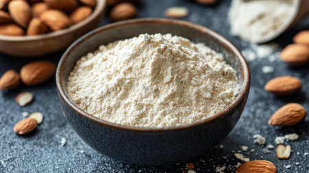 A bowl of almond flour next to whole almonds, illustrating the versatility of almonds in cooking and baking, ideal for health-conscious recipes.の素材