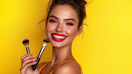 A cheerful woman posing with a makeup brush and palette in hand, exuding confidence and empowerment, celebrating beauty in its various forms.の素材