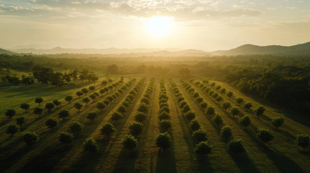 A bird s-eye view of a reforested area with newly planted trees stretching across the horizon, showcasing the impact of a large-scale environmental project.の素材