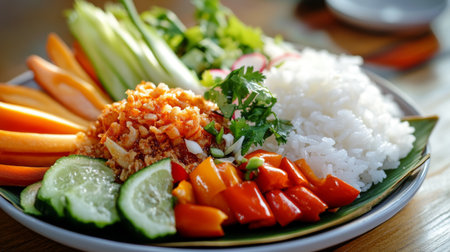 A close-up of a plate of served with spicy shrimp paste and fresh vegetables, emphasizing the delicious combinations in Thai cuisine.の素材