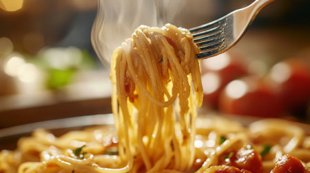 A close-up of a fork twirling spaghetti, showcasing the glossy sauce and steam rising, with a rustic wooden table and fresh ingredients in the background.の素材