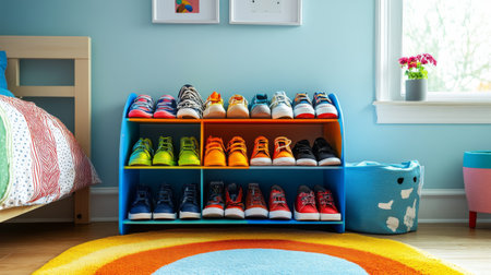 A child colorful shoe rack filled with fun, playful footwear, set in a bright bedroom, highlighting the joy and creativity in kids' fashion choices.の素材