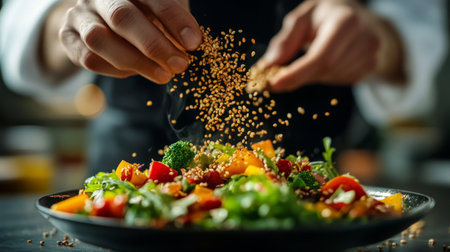 A chef sprinkling roasted sesame seeds over a colorful salad, capturing the moment of adding nutritious elements to enhance flavor and health.の素材