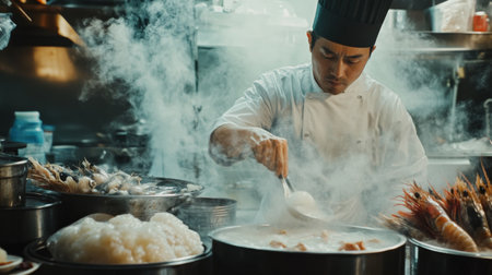 A chef preparing seafood rice porridge in a bustling kitchen, with fresh seafood and ingredients laid out, highlighting the artistry of traditional cooking.の素材