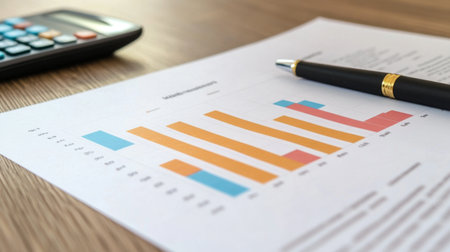 A close-up of a printed report with a bar chart, calculator, and pen on a desk, representing a financial analysis in progress.の素材