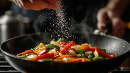 A chef sprinkling cooking salt over a sizzling pan of stir-fried vegetables, capturing the moment of adding flavor to a vibrant dish.の素材