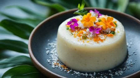 A beautifully crafted coconut pudding with colorful toppings, set against a backdrop of tropical leaves, emphasizing the freshness and natural ingredients of Thai sweets.の素材