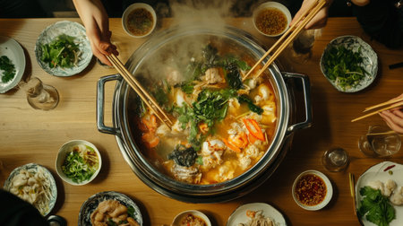 A bubbling hot pot filled with broth, fresh herbs, and seafood, set on a table with chopsticks and small bowls, inviting friends to enjoy a communal meal.の素材