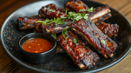 A beautifully arranged plate of pork ribs garnished with herbs and spices, served with a side of tangy dipping sauce, highlighting the delicious presentation.の素材