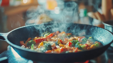 A close-up of a cast-iron skillet with sizzling vegetables and spices, with a blurred background of a busy kitchen, highlighting the joy of cooking.の素材