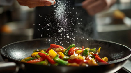 A chef sprinkling cooking salt over a sizzling pan of stir-fried vegetables, capturing the moment of adding flavor to a vibrant dish.の素材