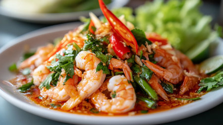 A close-up of a plate of served with spicy shrimp paste and fresh vegetables, emphasizing the delicious combinations in Thai cuisine.の素材