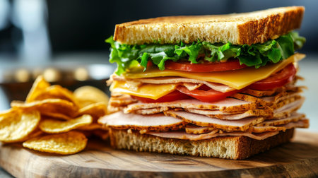 A close-up of a freshly made sandwich stacked high with layers of turkey, lettuce, tomatoes, and cheese, served on a wooden board with a side of crispy chips.の素材